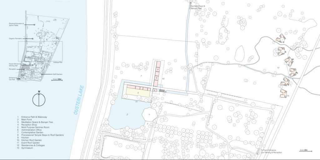 Institute of Management, Usteri Lake. Proposed Site Plan showing seminar building overlooking the pond and guest lodges (right). Drawing by Jateen Lad.