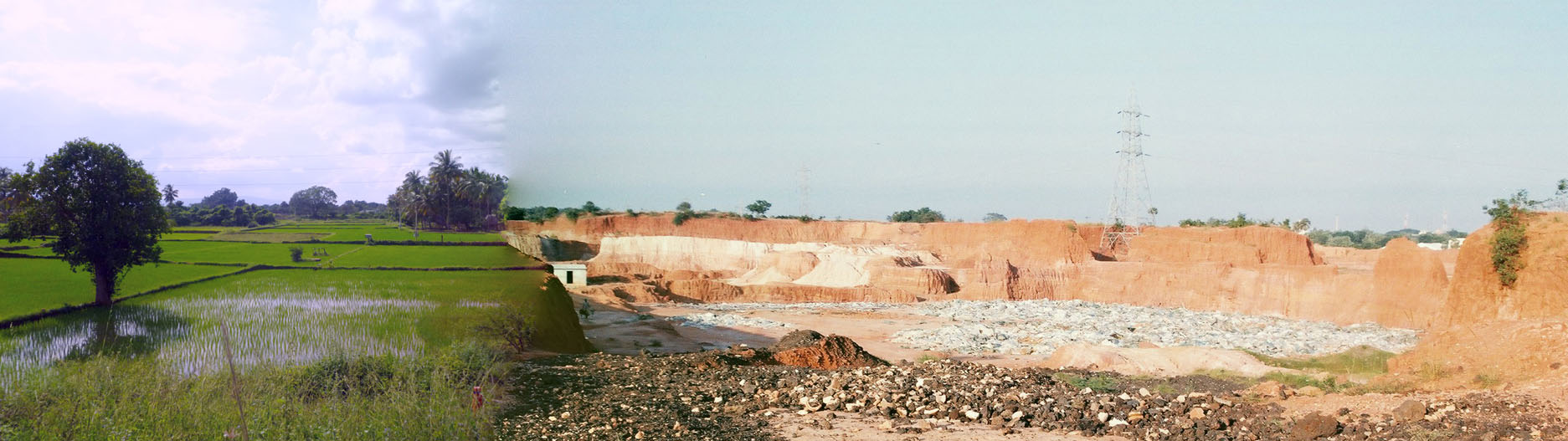 landscape of green paddy fields destroyed by quarrying