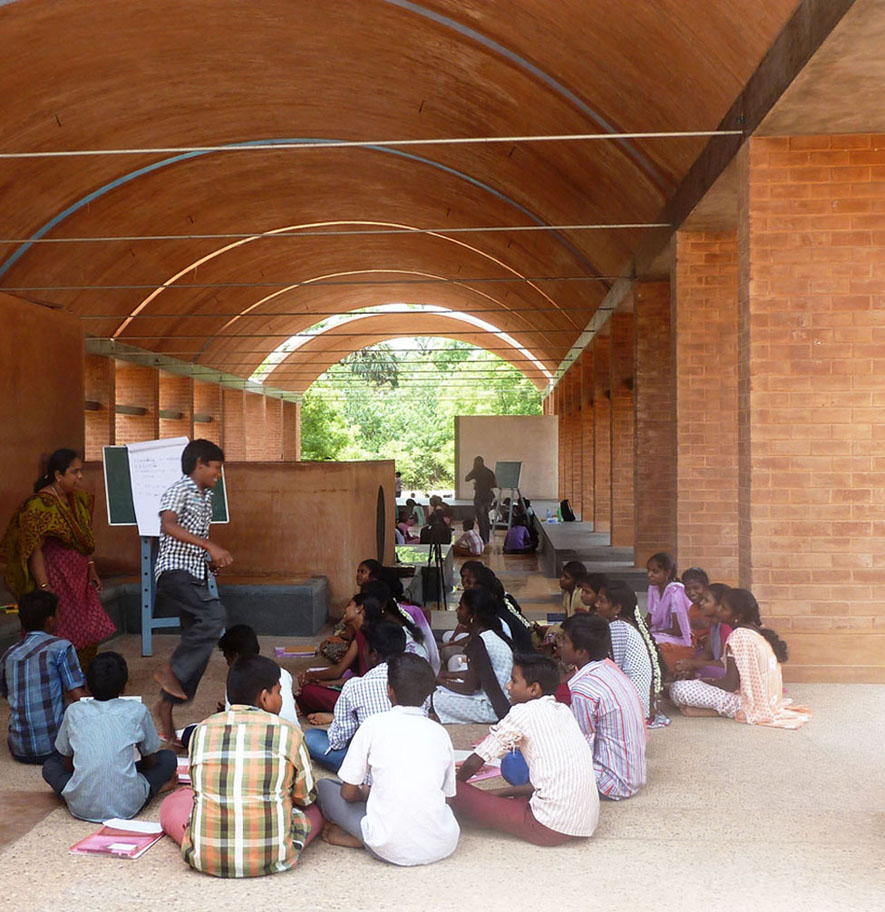 children playing and learning under the earth vaults at sharanam pondicherry